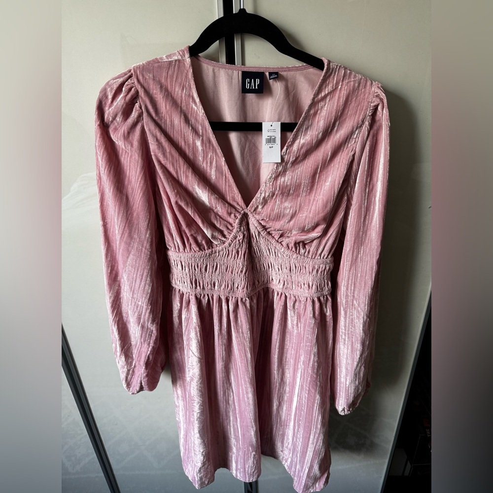 NWT GAP | Pink Velvet Smocked Mini Dress, Long Sleeves, small - Picture 2 of 9